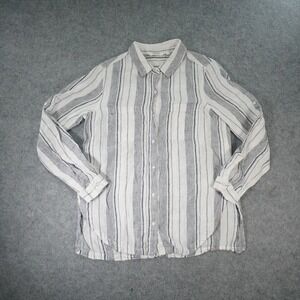 Athleta Shirt Womens Medium White Stiped Peninsula‎ Top Button Front Linen